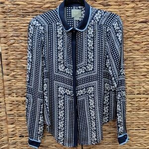 Anthropologie Maeve Blue And White Blouse W Peter Pan Collar Size 4P